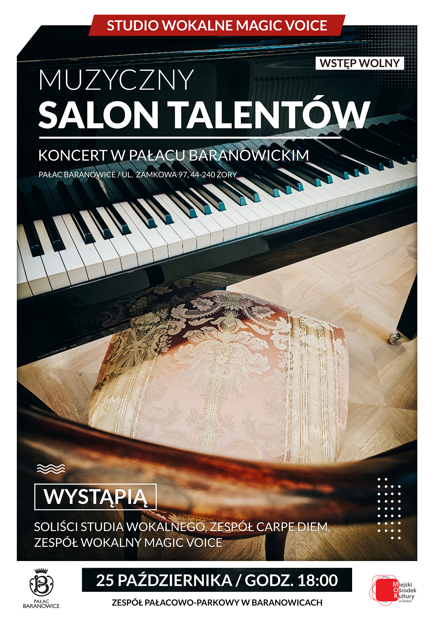 Plakat ze zdjęciem klawiatury fortepianu oraz wyściełanym krzesłem w wzór z ornamentem. Na zdjęciu informacje tekstowe.