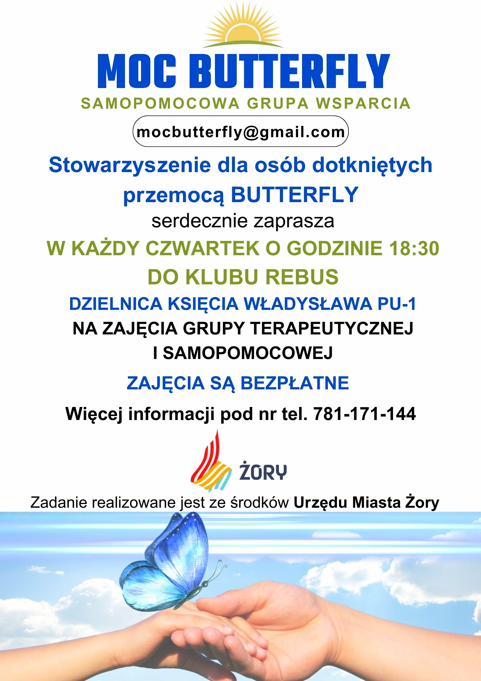 Grafika przedstawia złączone dłonie, na których siedzi motyl.