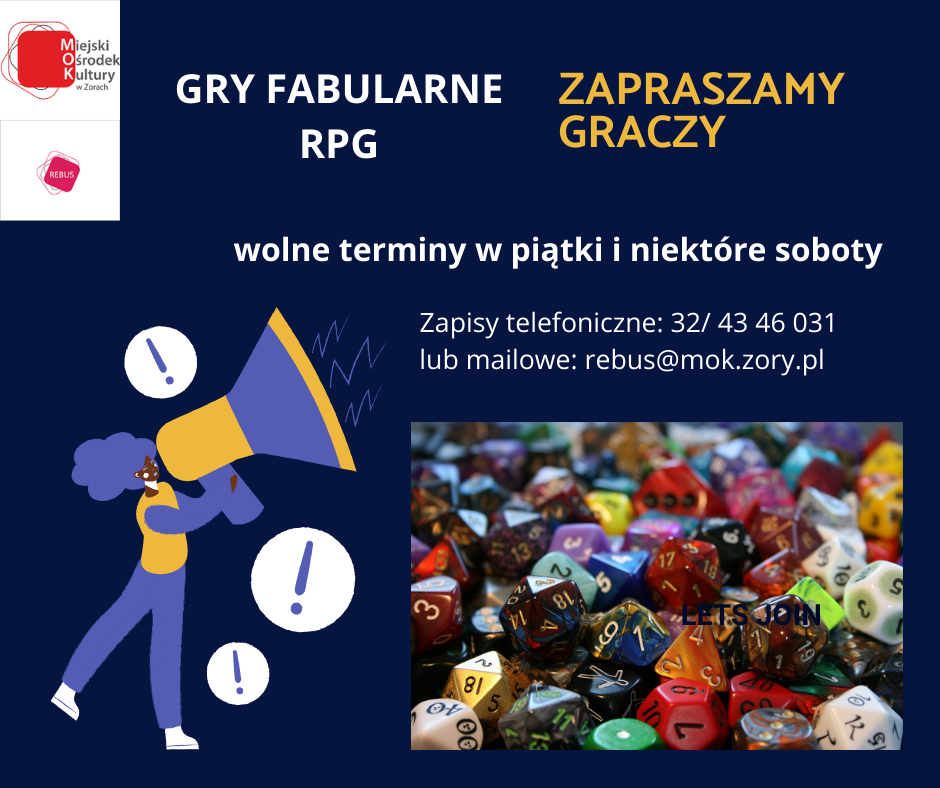 Na grafice widać postać mówiącą przez megafon oraz kości do gry, napisy zapraszające graczy do Klubu Rebus