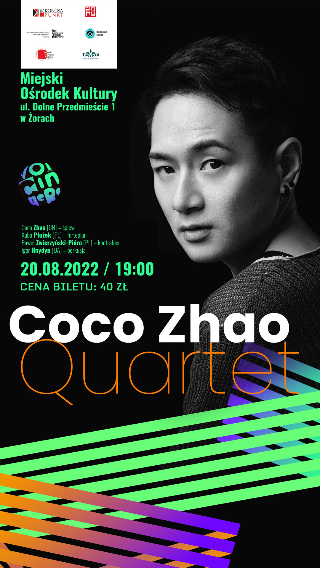 fotografia artysty na czarnym tle oraz informacje o terminie koncertu Coco Zhao 01.08 godz. 19:00 cena biletu: 40 zł.