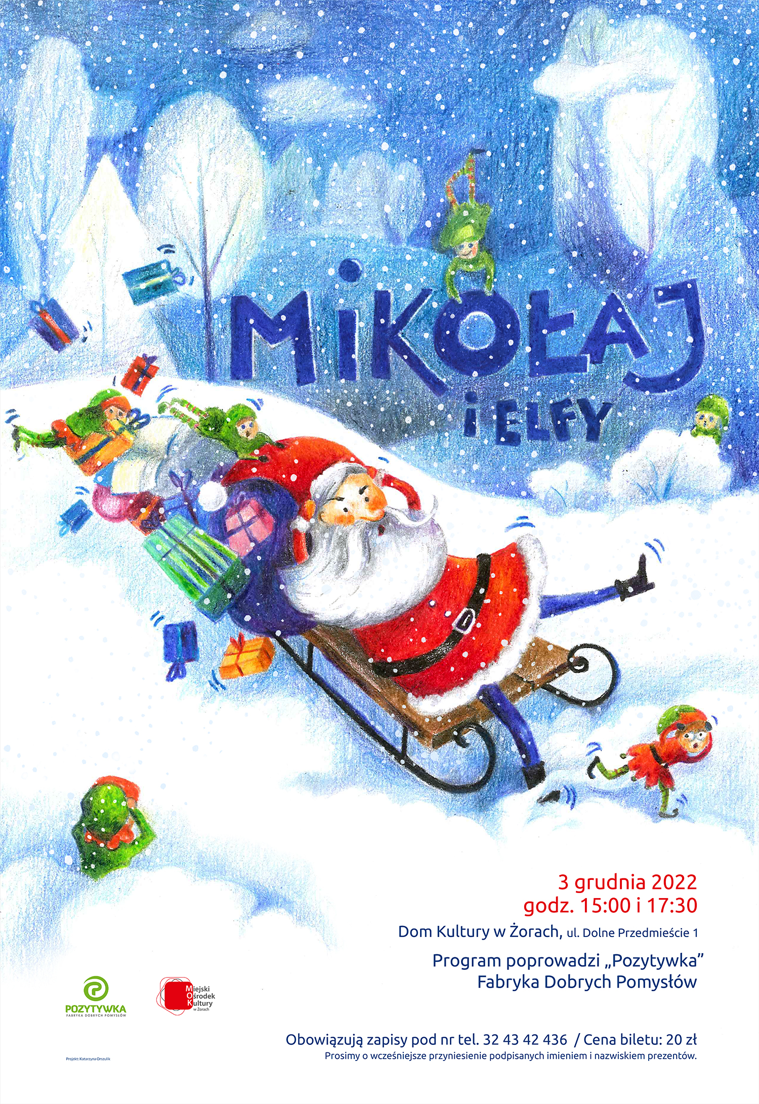 kolorowy rysunek zimowej scenerii z padającym śniegiem, Mikołajem i elfami